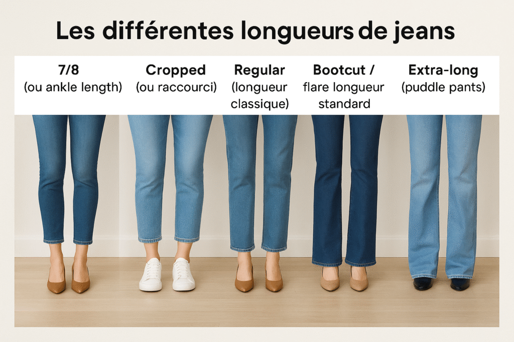 Différentes longueurs de jean selon le style : 7/8 , cropped, regular, bootcut, extra-long